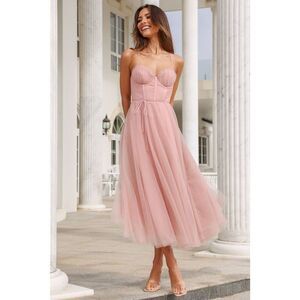 Angel Biba WANDERING IN THE LIGHT TULLE MIDI DRESS BLUSH size L Fits like M